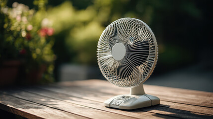 Close-up of a modern electric fan sitting on a wooden outdoor table in natural sunlight with a blurred garden background for cooling and air circulation