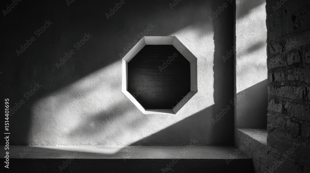 Aufkleber modern interior design with geometric octagonal window casting shadows on textured wall in minimalis