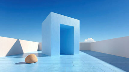 Fototapeta premium Modern minimalist architecture with geometric structure and clean lines featu a large blue rectangular doorway under clear sky with smooth white and blue surfaces