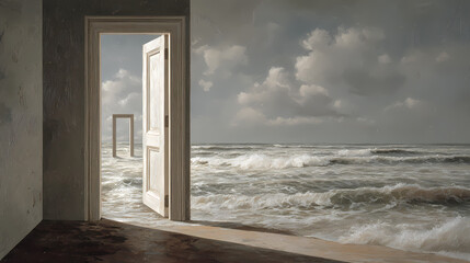 art print for surreal home decor | identity and illusion | symbolic tension | overcast neutrals | frame within frame | doors leading to sea | incongruent scale shifts | hyperreal brushwork | dream as