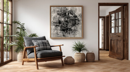 Modern living room interior with comfortable armchair, decorative plants, abstract wall art, natural light, wooden floors, and open doorway in stylish home
