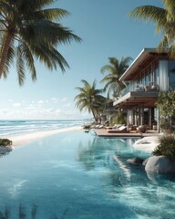 Fototapeta premium Luxury Beachfront Villa with Infinity Pool and Palm Trees