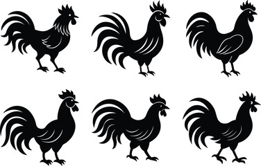 set of Classic rooster head silhouette vector in solid black for farm animal artwork