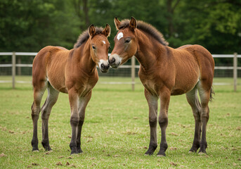Fototapeta premium Two young brown foals standing together, sharing a moment of closeness in a green field.
