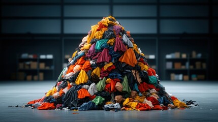 Large colorful mountain of crumpled fabric piled high in a modern storage room with shelves and boxes