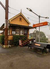 A foggy morning at Katoomba train station, New South Wales, Australia.