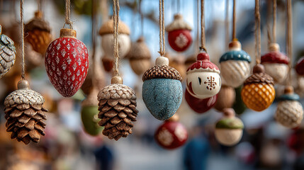 Holiday decorations featu hanging pine cones and handcrafted ornaments in a festive market display with colorful blurred background