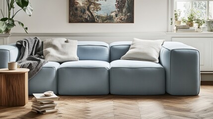 Light blue modular sofa in a bright living room with wooden floors, a throw blanket, and decorative pillows