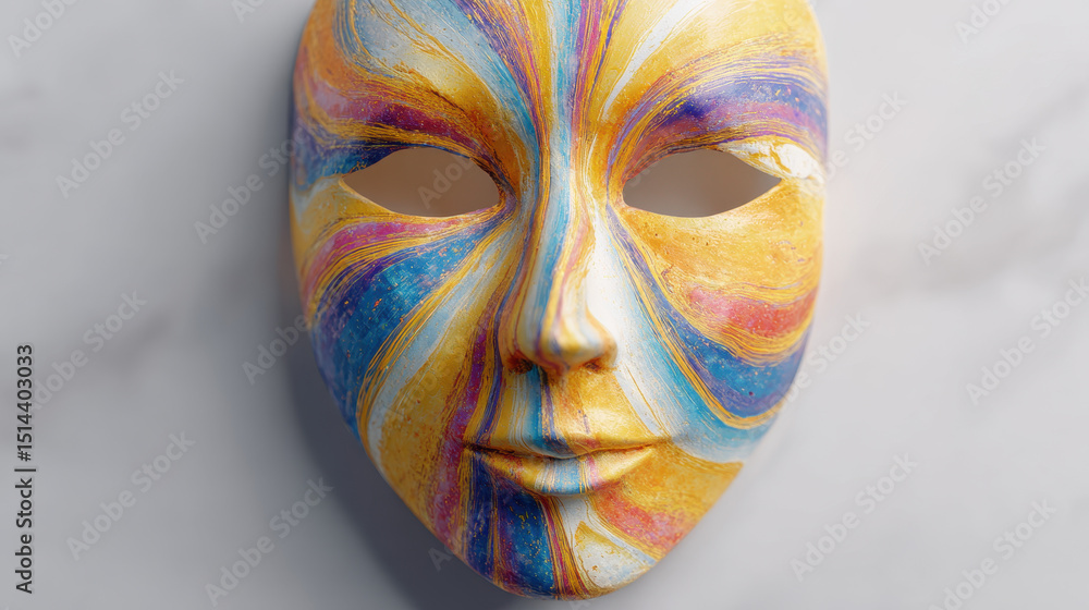 Poster colorful abstract artistic mask with swirling paint patterns showcasing creativity and expression fo
