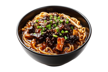 Bowl of Jajangmyeon noodles with beef in blackbean sauce, topped with scallions and sesame seeds, isolated on white background, concept of Asian cuisine