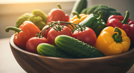Abundance of Fresh Vegetables in Wooden Bowl
