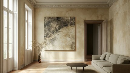 Sunlit living room with beige walls, large abstract art, and light beige sofa