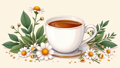 a boho illustration of chamomile tea, positioned right, ,no text, no logo, ivory background