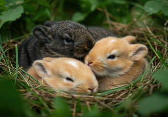 Fototapeta premium A heartwarming view of three baby bunnies nestled together in their grassy home.
