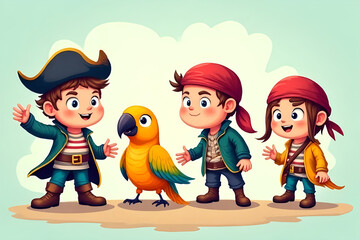 Talk Like a Pirate Day (Sept 19) cartoon pirates celebrating with parrots, pastel minimalistic illustration style, flat design elements, cheerful mood, soft shadows