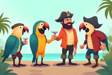 Talk Like a Pirate Day (Sept 19) cartoon pirates celebrating with parrots, pastel minimalistic illustration style, flat design elements, cheerful mood, soft shadows