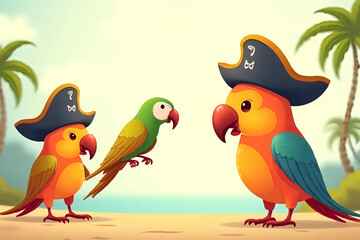 Talk Like a Pirate Day (Sept 19) cartoon pirates celebrating with parrots, pastel minimalistic illustration style, flat design elements, cheerful mood, soft shadows