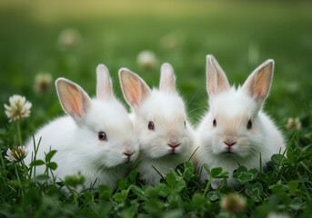 Three fluffy white bunnies relaxing in a vibrant green meadow.