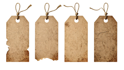 set of four vintage torn paper price tags with rope on isolated background for product labeling or craft packaging
