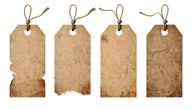 set of four vintage torn paper price tags with rope on isolated background for product labeling or craft packaging
