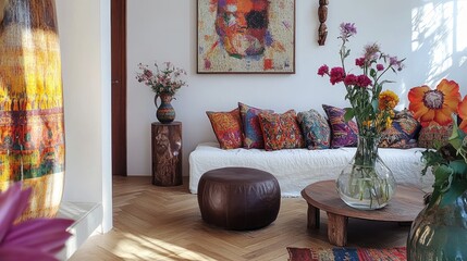 Sunlit living room with eclectic decor, featuring vibrant textiles, wooden furniture, and colorful artwork