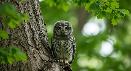 Obraz premium This captivating image features a spotted owlet staring intently forward, its detailed plumage blending seamlessly with the bark of a tree in a verdant woodland.