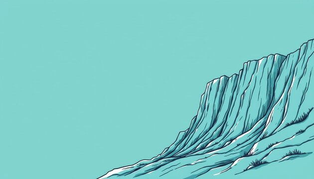a line art drawing of canyon, positioned right, ,no text, no logo, turquoise background