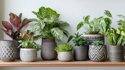 Fototapeta premium A collection of potted houseplants with varying textures and patterns, displayed neatly on a wooden shelf against a white wall