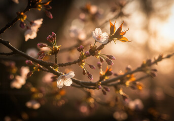 Beautiful close-up of cherry blossom flowers blooming in spring sunshine.
