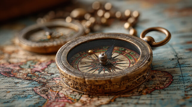 Vintage bronze pocket compass resting on an old map with detailed markings and a worn leather strap for navigation and exploration purposes