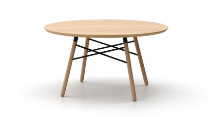 Fototapeta premium Round Wooden Table with Black Legs, Isolated on White Background, Furniture, Home Decor