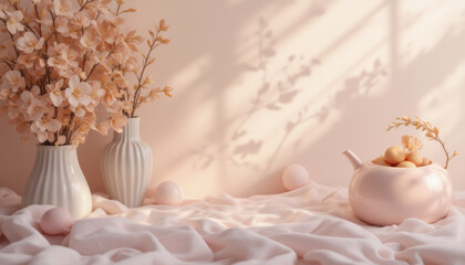 Serene and calming scene featuring delicate flowers in white vases, soft pastel colors, and gentle shadows creating tranquil atmosphere. arrangement evokes sense of peace and harmony