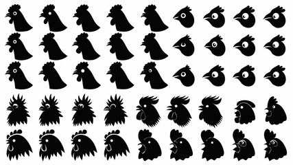 Collection of various stylized chicken and bird head silhouettes in black on a white background |eps vectors set