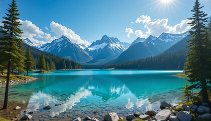 Natural landscape background images with lakes, mountains and trees, snow-covered mountains and clear water, healing, travel, banner textures advertising
