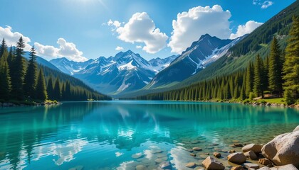 Natural landscape background images with lakes, mountains and trees, snow-covered mountains and clear water, healing, travel, banner textures advertising