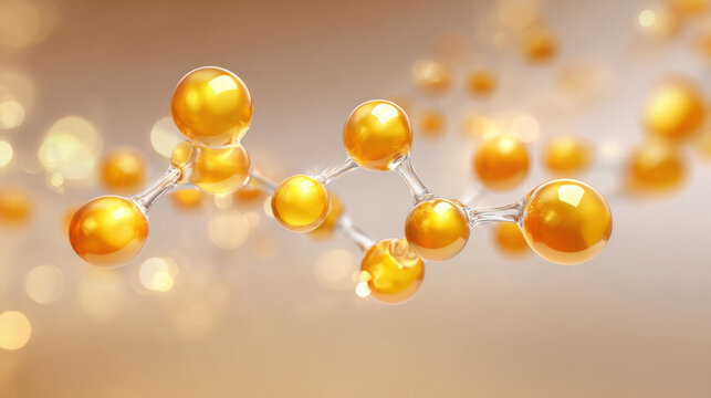 3D illustration of retinol molecular structure with gold spheres connected by transparent rods, set against soft, glowing background. image conveys sense of scientific elegance