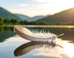 Feather on water, serene landscape