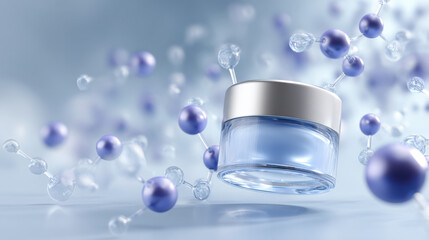 Beauty product jar floats among molecular symbols, representing skincare innovation and wellness. serene blue and silver tones evoke sense of purity and luxury
