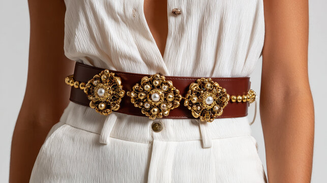 Close-up of a woman's waist wea a decorative wide belt with large ornate floral embellishments and tiny pearl accents over cream-colored high-waisted pants