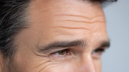 Close up of man forehead with smooth skin texture, showing natural wrinkles and expressive eyes. image highlights details of mature skin and hair