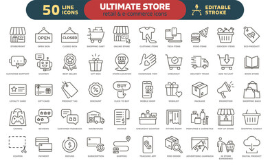 Store and commerce icon set. Thin line editable stroke icons for retail, online shopping, small business, e-commerce, logistics, checkout, promotions, marketing, delivery and customer experience