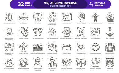Virtual reality, augmented reality and metaverse icon set. Thin line editable stroke icons for immersive experiences, vr and ar