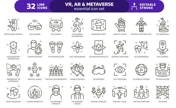 Virtual reality, augmented reality and metaverse icon set. Thin line editable stroke icons for immersive experiences, vr and ar
