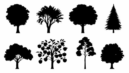 Silhouette illustration showing eight different types of trees including an apple tree on a white background |eps vectors set