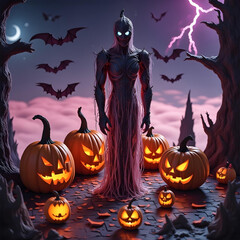 Fototapeta premium cyberpunk halloween island with neon pumpkins and holographic bats