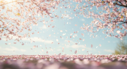 Fototapeta premium A beautiful display of falling cherry blossom petals, capturing spring's gentle beauty.
