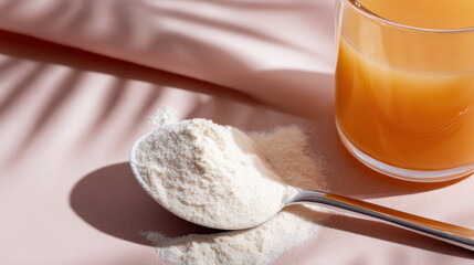 Spoonful of white powder, likely marine collagen, is placed next to glass of orange drink on soft pink surface, creating clean and fresh aesthetic