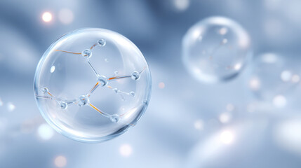 Glass bubble encapsulates intricate molecular chains, symbolizing fusion of beauty and biotechnology in serene, futuristic setting