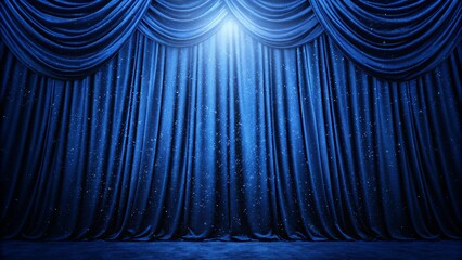 Majestic Blue Stage Curtains Illuminated by Spotlight on Dark Background

