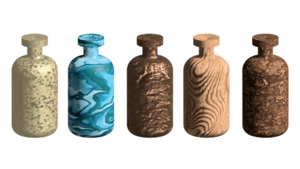 Five stylish bottles with diverse textures